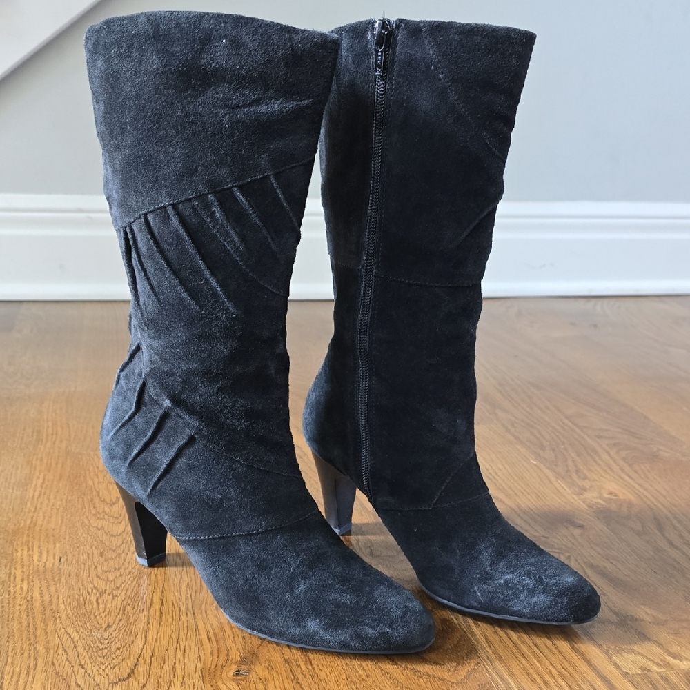 White Mountain Black Heeled Boots Suede-Like Mid-Calf